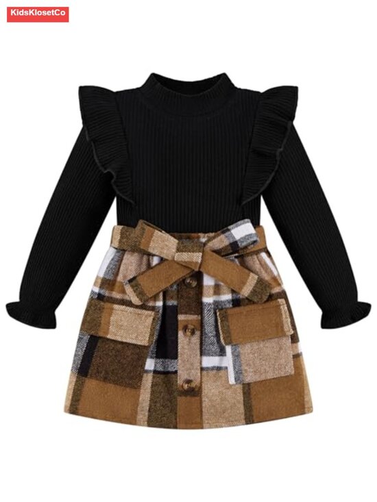 Other - Toddler Girl Fall Winter Long Sleeve Top Plaid Skirt Set 2Pc